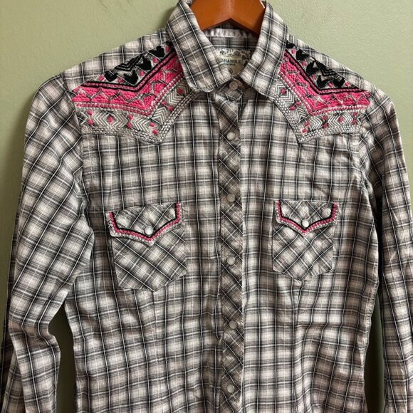 Panhandle Rough Stock Women Shirt Sz S Pearl Snap Embroider Texas Cowgirl Rodeo - Picture 2 of 13